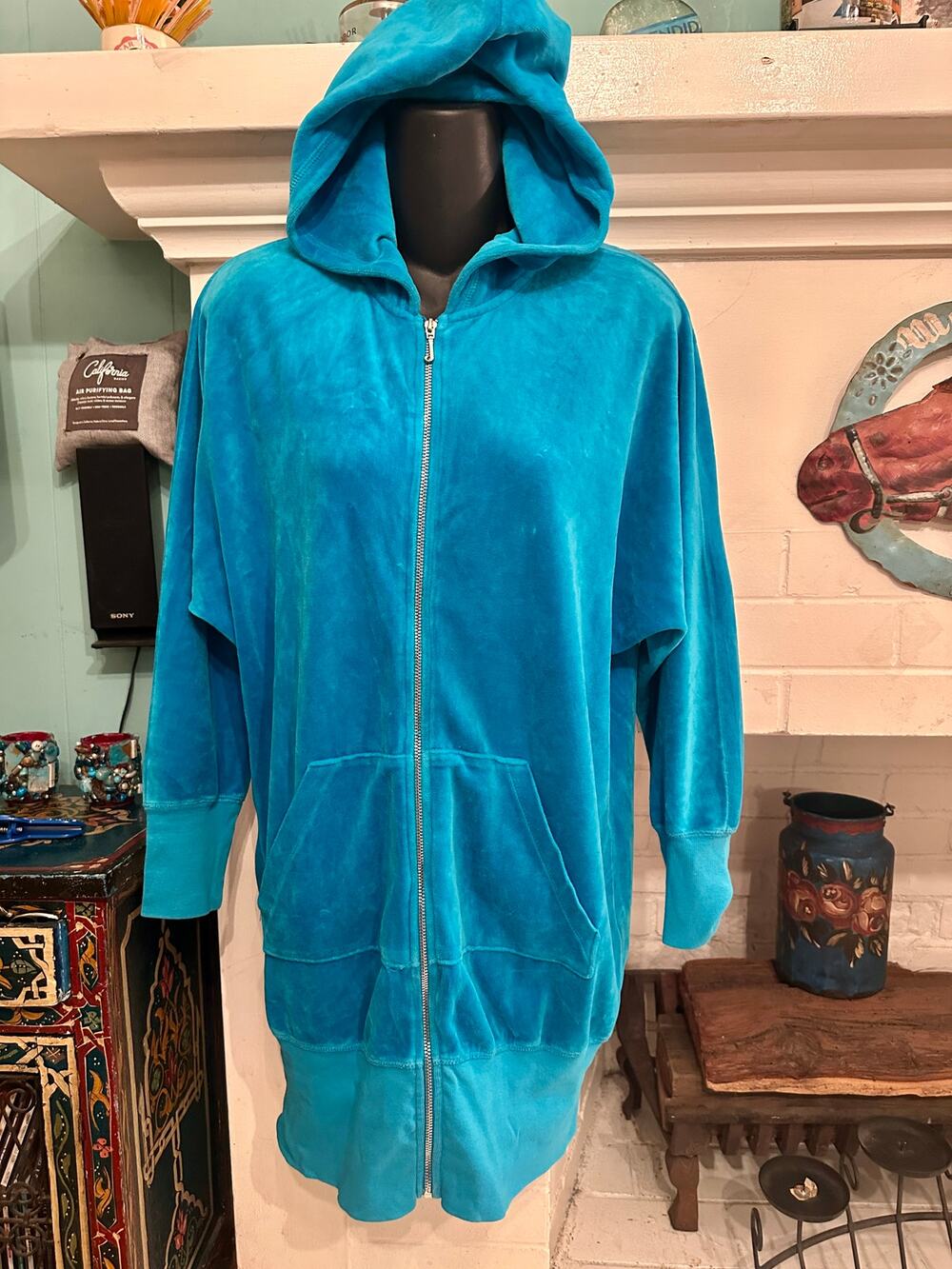 RARE Y2K JUICY COUTURE TURQUOISE VELOUR OVERSIZE HOODIE TUNIC OR DRESS L